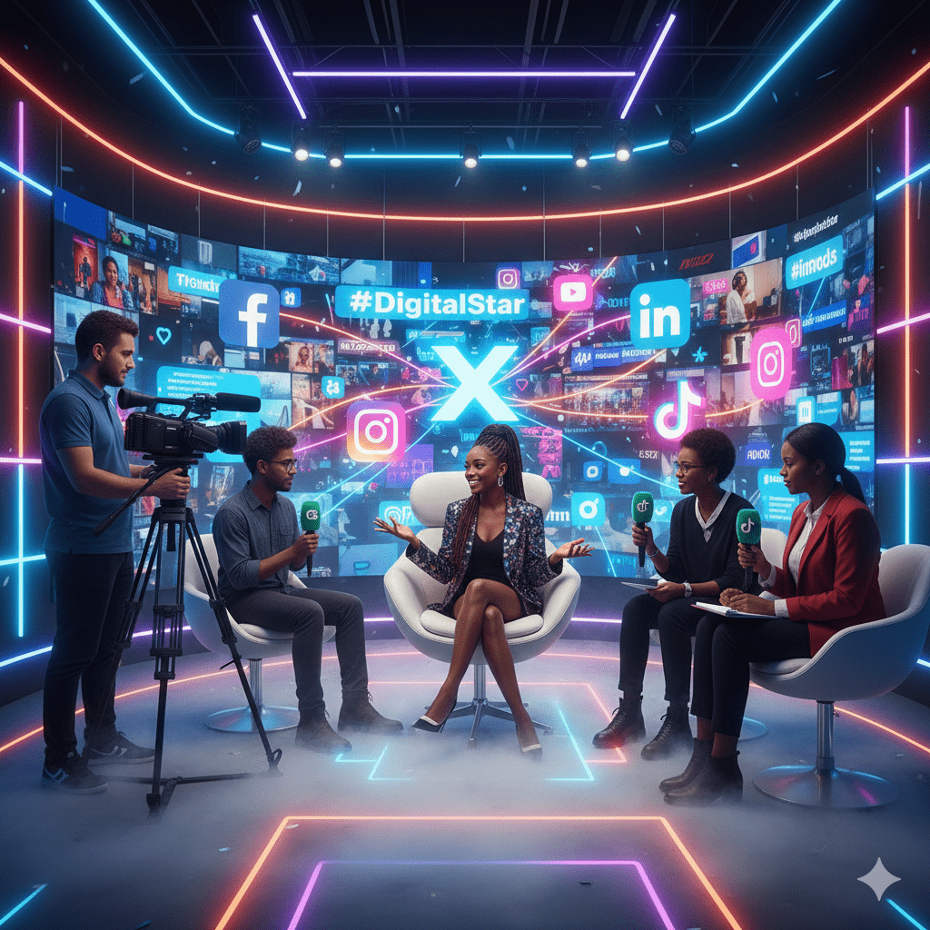 Équipe en plateau parlant de réseaux sociaux et marketing digital